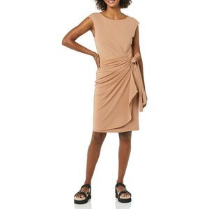 Essentials Women's Cap Sleeve Boat-Neck Faux Wrap Dress Medium Light Brown